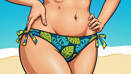 Fototapeta premium Playful pose in tropical bikini at sunny beach, summer vibes, pop art style 