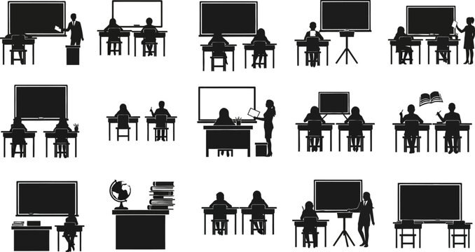 Collection of black silhouette illustrations of people in classroom settings with desks and blackboards