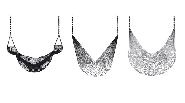 Three hammock illustrations in black and white, each suspended from chains