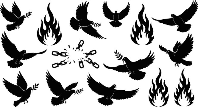 black silhouettes of doves and flames with broken chains on white background