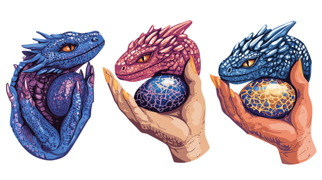 Pixelated artwork of three dragons with varied colors cradling ornate, glowing orbs