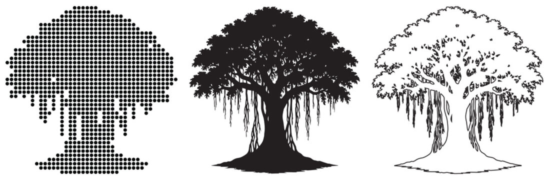 Three distinct artistic representations of a banyan tree: pixelated, silhouette, and line art.
