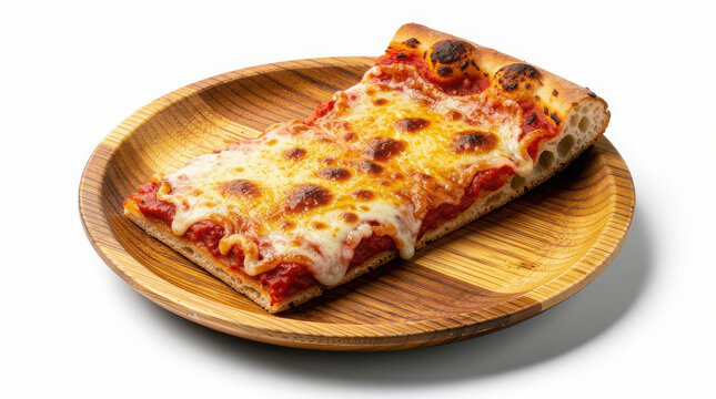 Old Forge Style Pizza on Bamboo Plate 30 Degree Angle Isolated on White Background Studio Image