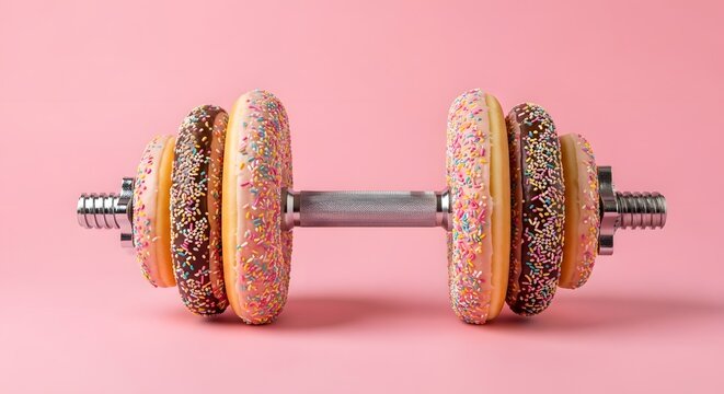 Funny doughnut shaped like a weightlifting barbell on pink background