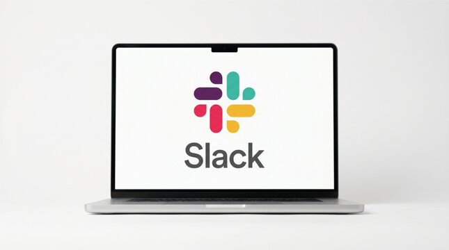 Slack logo and wordmark displayed on a modern silver laptop screen, professional business communication and team collaboration software platform for remote work productivity