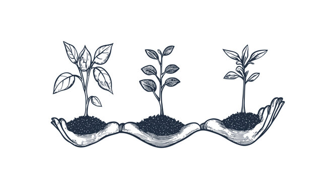 Black and white illustration of three plants growing in soil held by a pair of hands