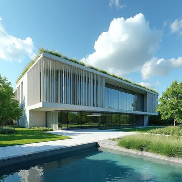 Modern luxury house with green roof and pool. Large windows offer garden view. Contemporary home design with brise soleil facade details. Elegant estate exterior.