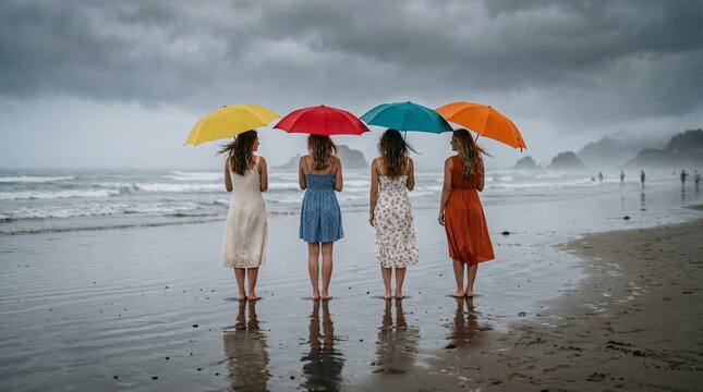 Friendship day beach moment with women holding colorful umbrellas walking together in rain emotional bonding scene for travel banner poster social media and lifestyle design