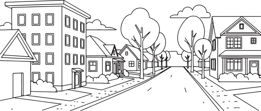 Black and white of suburban street with houses, trees, and a road also transparent background