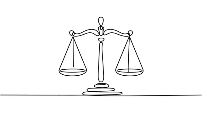 Scales of justice represented as a simple continuous line drawing with judgment fairness equality judiciary