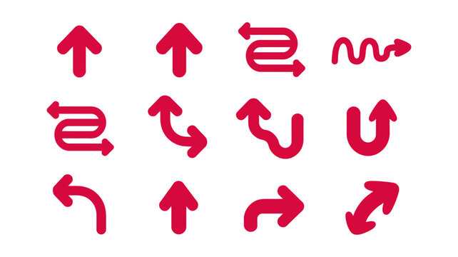 Collection of pink arrow icons in various shapes for directional navigation and interface design with movement