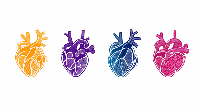 Four stylized human hearts in vibrant colors with a rough texture, arranged on a white background