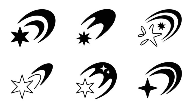 Black and white moon with stars and comet tail abstract vector icons set