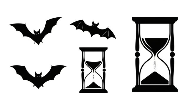 Black silhouettes of bats and hourglasses.