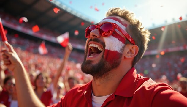 Man with red white face paint cheers loudly. He wears sunglasses at sports game. Crowd waves flags, confetti falls. Excited fan enjoys match day with team spirit, feels pure joy.