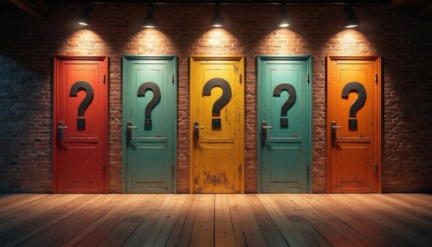 Five colored doors marked with question marks stand on a brick wall under spotlights. The wooden floor reflects the dramatic lighting and colorful doors.