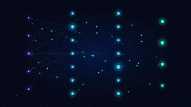 Neural network visualization with glowing nodes, artificial intelligence deep learning concept, digital data connection points on dark blue background