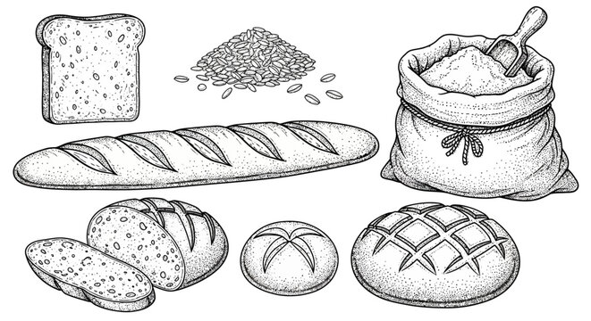 Bread, bakery, food, illustration, vector, black and white, bread loaf, baguette, wheat, flour, baking