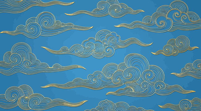 Traditional chinese cloud pattern background with golden line art on blue