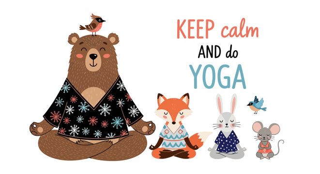 yoga animals, cartoon bear, fox, rabbit, mouse, meditation, keep calm
