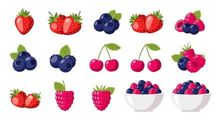 Colorful berry icons, fruit symbols, strawberries, blueberries, raspberries, cherries, mixed berries © Charlie
