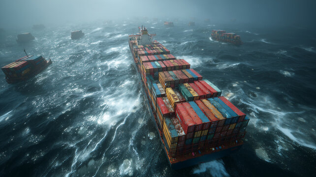 Container ship sails through treacherous waters amid naval mines in fog