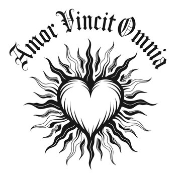 Heart symbol surrounded by sun rays with text saying "Amor Vincit Omnia"  