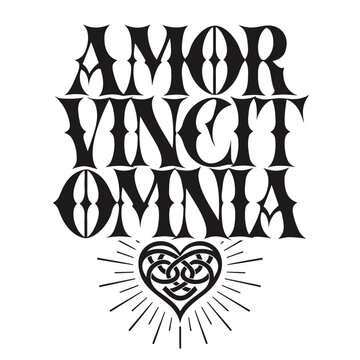 Love conquers all decorative text with heart and rays  
