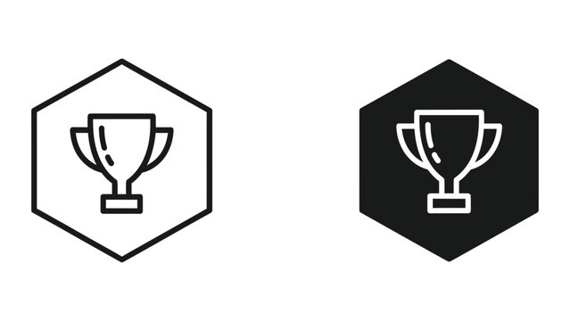 White trophy cup icon in a hexagon badge