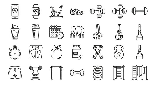 Fitness icons, workout symbols, exercise signs, 25 line icons
