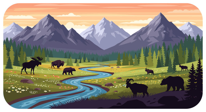 A peaceful illustration depicting a moose in a vibrant meadow, conveying tranquility and connection to nature&mdash;perfect for eco-friendly campaigns or tr