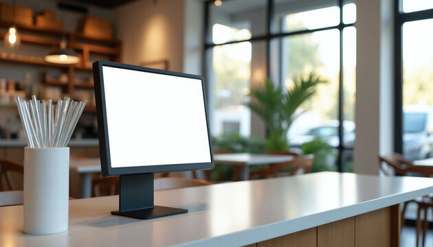 Digital screen on counter in bright cafe. Empty monitor shows blank space for info. Modern eatery interior with tables and chairs visible through window. Cashier station for orders.