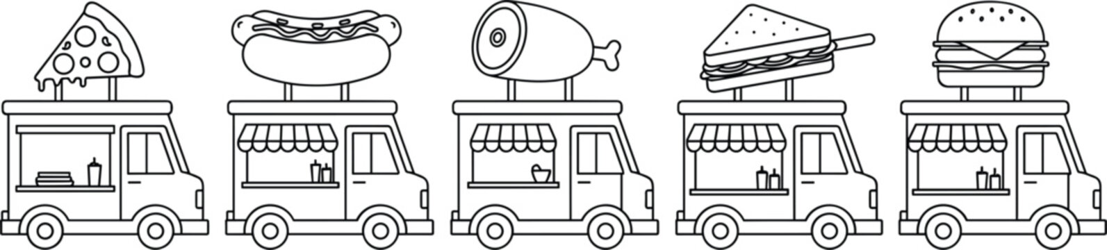 Street Food Truck Outline Icon Set with Pizza, Hot Dog, Meat, Sandwich, and Burger Trucks for Food Business and Restaurant Designs
