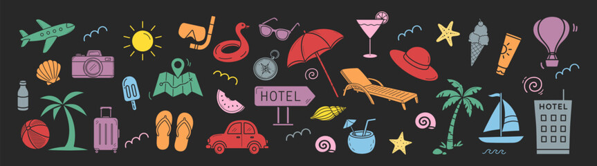 Set of travel and trip doodles, cute hand drawn summer vacation elements with sun, beach tent and suitcase, funny tourism vector illustration on black background © Виталий Опришко