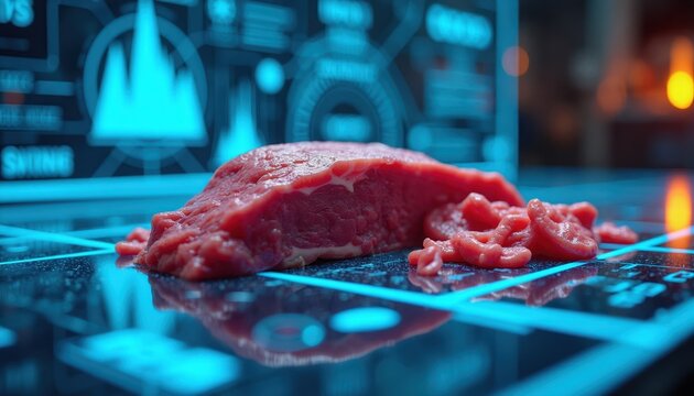 Raw cultured meat sample rests on futuristic digital display. Scientists analyze lab grown beef in sterile high tech facility. Future food innovation, protein research. Meat alternative.