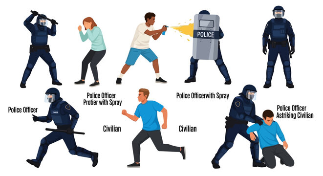 Police officers, law enforcement, riot control, protest, vector icons