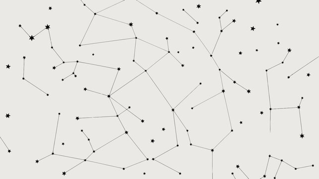 Black and white star map with constellations connected by dotted lines