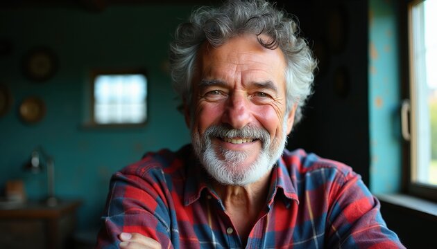Smiling elderly man with beard wearing plaid shirt in soft light. Senior man has friendly expression, relaxed posture, conveys warmth, happiness, and contentedness. Authenticity.