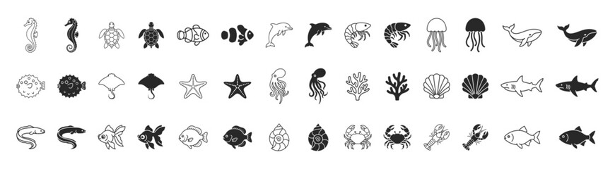 Obraz premium Marine ocean icon set, underwater animals and coral reef symbols collection on transparent background
