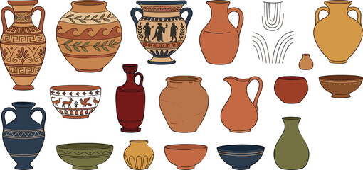 Ancient Greek ceramic pottery collection with decorated amphoras vases and bowls isolated on white background vector. © MST HASMOTARA