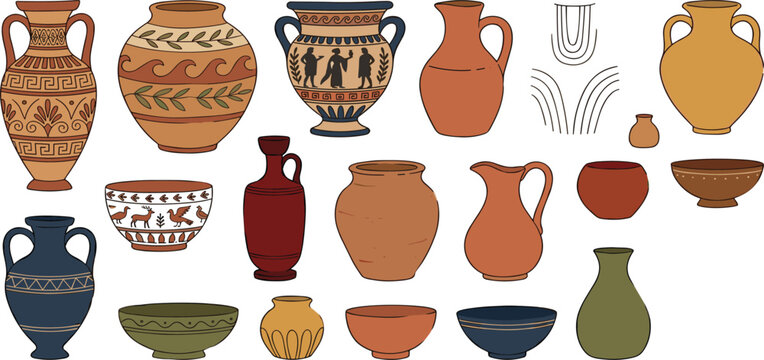 Ancient Greek ceramic pottery collection with decorated amphoras vases and bowls isolated on white background vector.