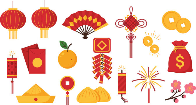 Chinese New Year Celebration Element Set with Lantern, Fan, Firecracker, Red Envelope, Coin, and Dumpling for Festival and Holiday Designs