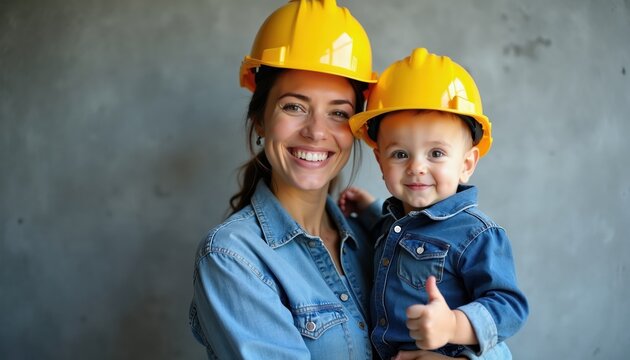 Woman and child wear hard hats and denim shirts. They smile brightly and give thumbs up, indicating safety and positive work environment. Parent and kid bond.