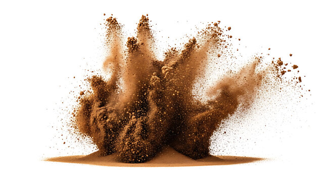 Explosion of brown dry dust particles flying in the air on impact