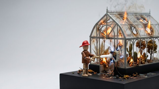 Firefighter action scene in a burning greenhouse understanding wildfire insurance artistic model gigapixel high fidelity