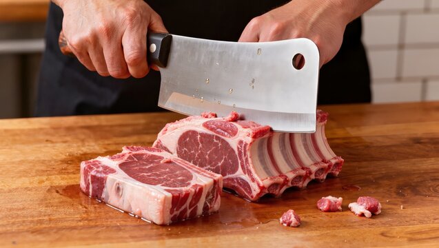 Extreme close-up of a heavy-duty meat cleaver slicing through a fresh rack of ribs on an organic wooden cutting board highlighting tactile sensory details and the raw power of culinary preparation.
