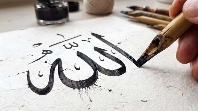 Close-up of Traditional Arabic Calligraphy of Allah Being Written with Qalam Reed Pen and Black Ink on Parchment