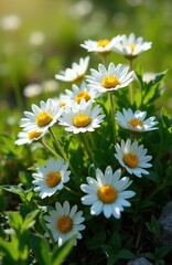 Fototapeta premium Field of daisies with bright yellow centers bloom in sunlight. Green leaves, soft bokeh background create peaceful nature scene. Flowers are white with delicate petals, growing in meadow. Pure beauty.