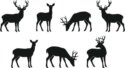 Fototapeta premium Deer silhouettes, black deer icons, stag and doe vector graphics, wildlife symbols