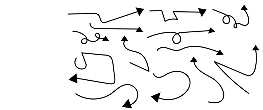 Collection of hand drawn black arrows with various shapes and directions